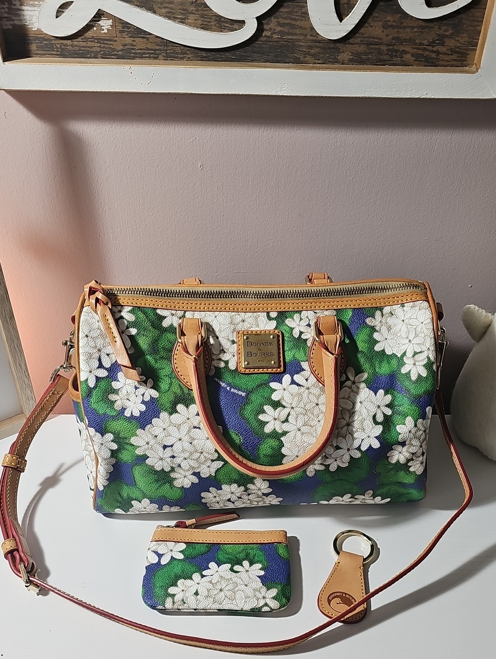 Dooney & Bourke Green Hydrangea Floral Satchel W/ Coin Purse And Key Fob